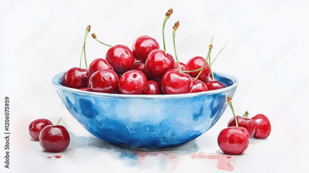 Double Exposure, White Background, one bowl of cherries in a blue bowl, watercolour style illustration ~ Created using Generative AI Double Exposure, White Background, one bowl of cherries in a blue bowl, watercolour style illustration ~ Created using Generative AI