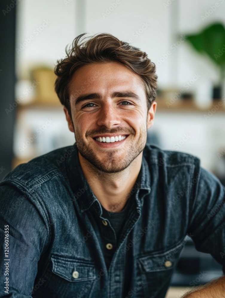 Fototapeta premium Man sitting at table with smile