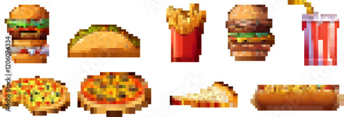 Pixel burger and fast food vector set with 8bit style. Includes hamburger, pizza, hot dog, and soda icons. Retro art for restaurant, snack, and fast food delivery designs.