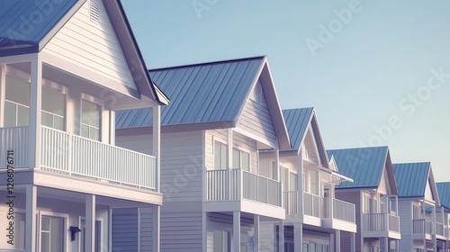 A row of modern townhouses with gray metal roofs and white walls, each house has an exterior balcony on the second floor Generative AI photo