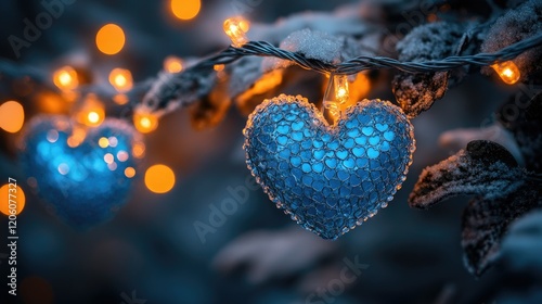 A serene winter scene featuring blue heart-shaped ornaments with warm lights against a snowy backdrop.
