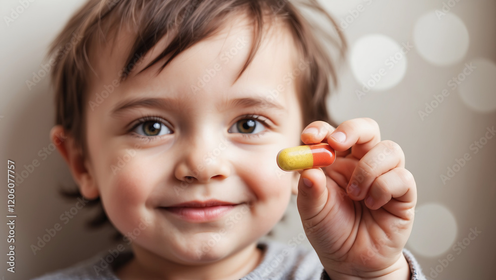 Child happily holding a colorful capsule in a bright indoor setting during a playful afternoon Child happily holding a colorful capsule in a bright indoor setting during a playful afternoon