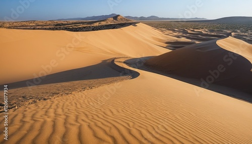 Desert, sand, dunes, wilderness, scenery, outdoor, terrain, sandy route flowing across undulating duneuu- photo