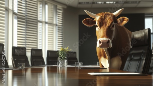 A humorous scene of a cow in a corporate boardroom, challenging traditional business environments and showcasing unexpected elements.