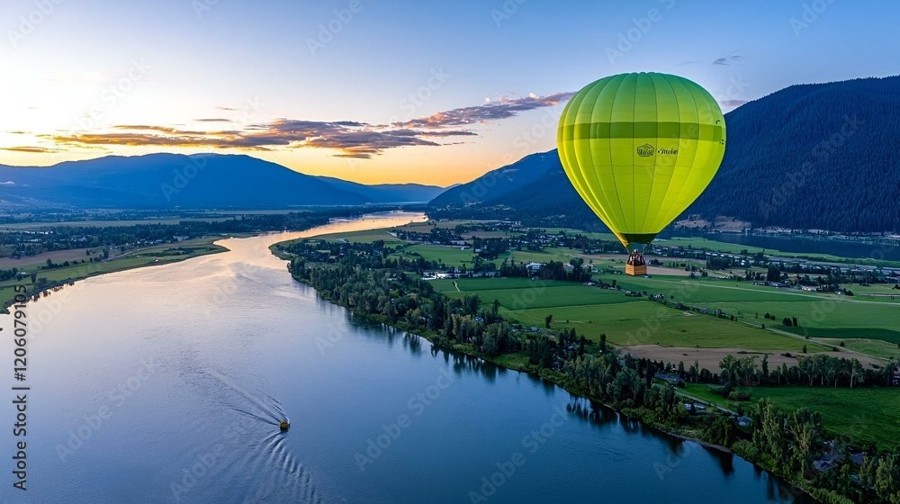 Obraz premium Aerial Adventure, soaring above breathtaking vistas, vibrant colors blend in the horizon, serene experience amidst rolling hills and valleys.