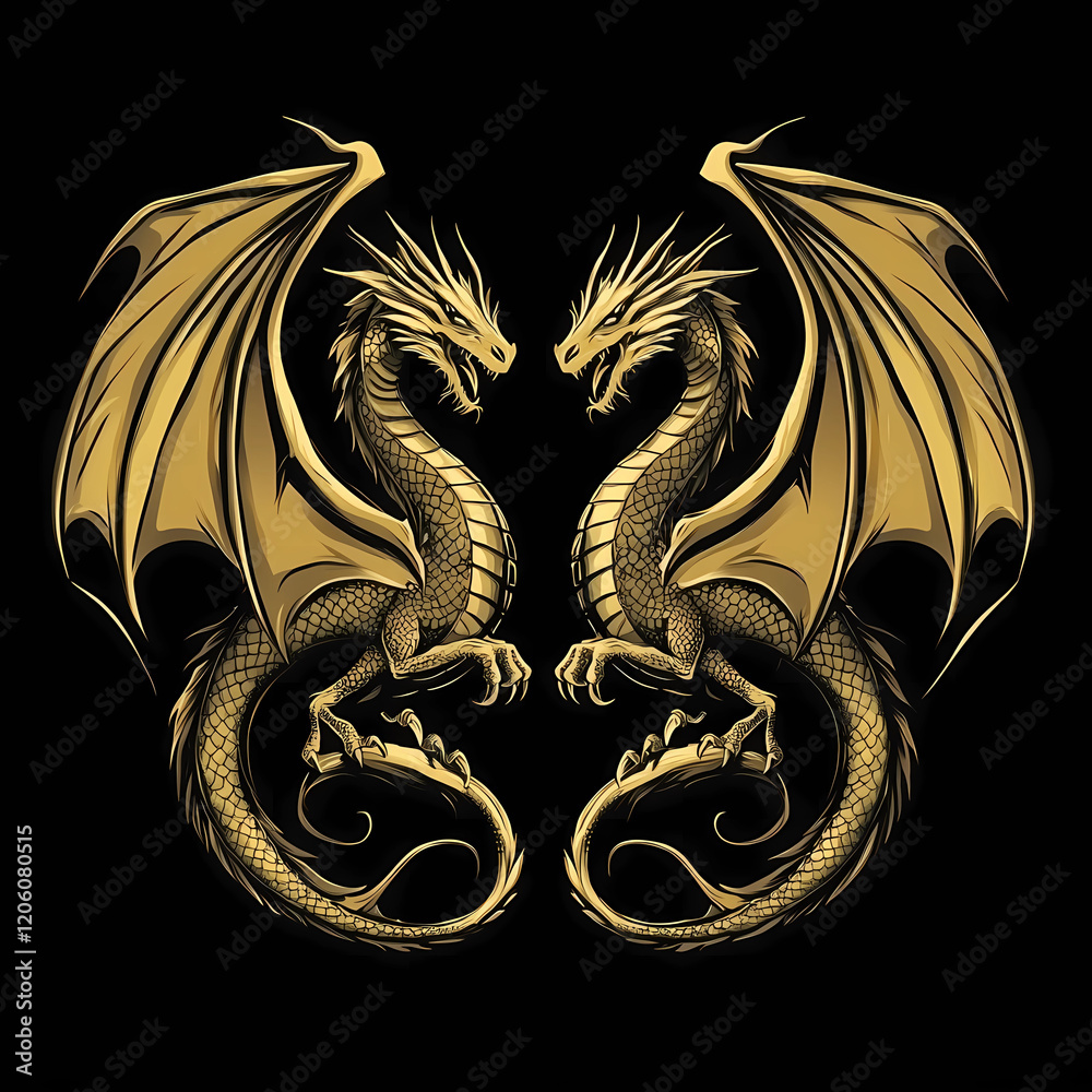 Fototapeta premium Two golden dragons with wings and claws, one on the left and one on the right