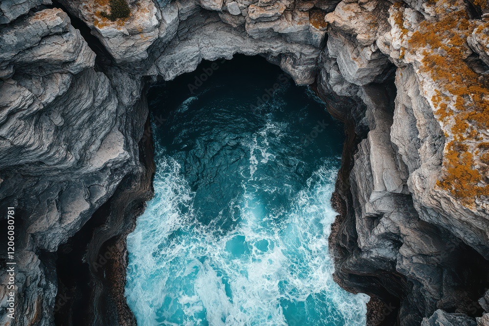 Aerial shot of a rocky coastline with a natural archway, the waves crashing below creating a powerful and dramatic seascape. Aerial shot of a rocky coastline with a natural archway, the waves crashing below creating a powerful and dramatic seascape.