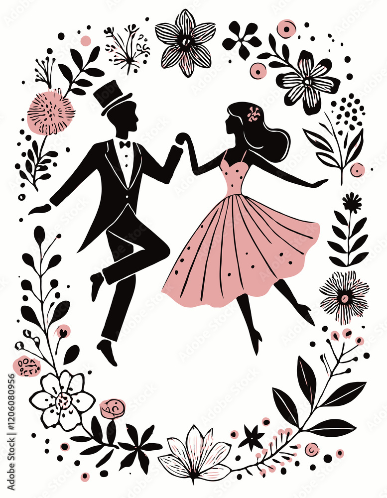 Fototapeta premium Vintage Wedding invitation card with bride and groom. Romantic Timeless vintage frame, couple dancing, fantasy ballroom dance, wreath of flowers and leaves ornament, funny valentines day flyer