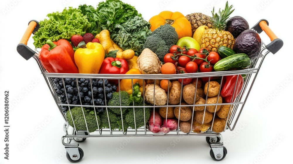 A shopping cart filled with a variety of fresh fruits and vegetables. A shopping cart filled with a variety of fresh fruits and vegetables.