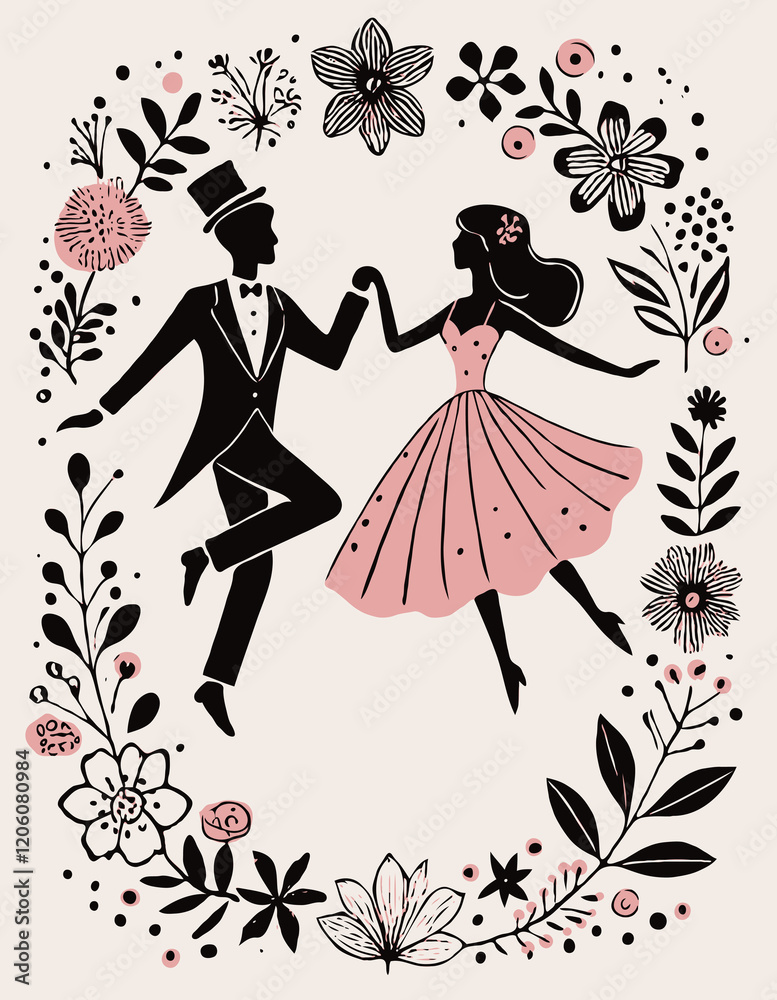 Fototapeta premium Vintage Wedding invitation card with bride and groom. Romantic Timeless vintage frame, couple dancing, fantasy ballroom dance, wreath of flowers and leaves ornament, funny valentines day flyer