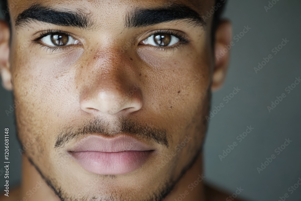 Obraz premium Serious young man staring with intense brown eyes and freckles