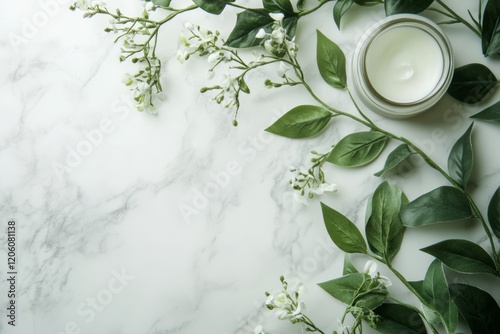 Minimalist skincare flat lay with natural products on marble surface