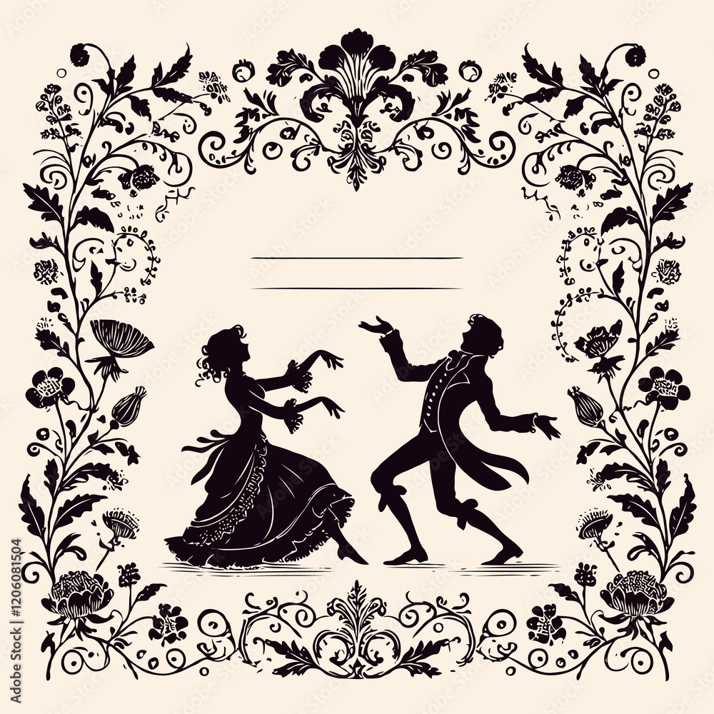 Fototapeta premium Vintage Wedding invitation card with bride and groom. Romantic Timeless vintage frame, couple dancing, fantasy ballroom dance, couple fooling around, funny valentines day flyer