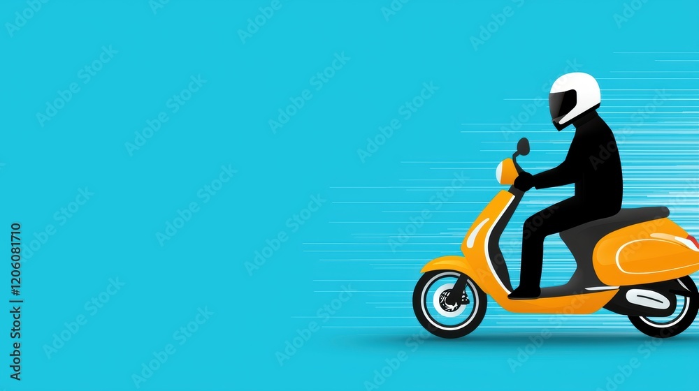 Dynamic Illustration of a Rider on a Fast Scooter Against a Blue Background