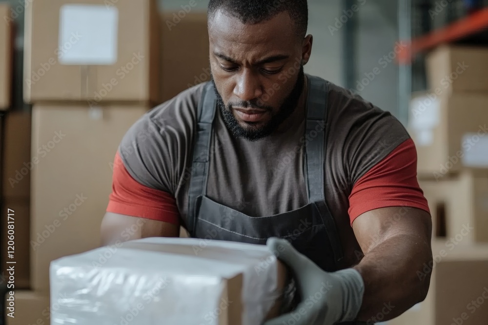 Fototapeta premium Warehouse worker checking cardboard box in logistics center