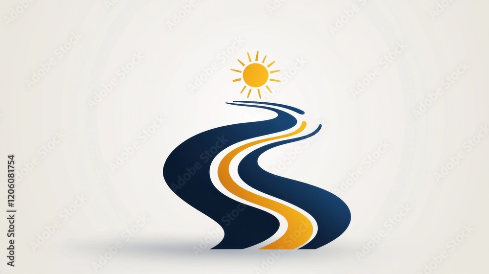 icon of a winding river and sun, symbolizing peace and nature in flat colors icon of a winding river and sun, symbolizing peace and nature in flat colors