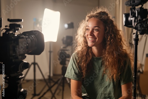 Young woman smiling during a video interview in a studio