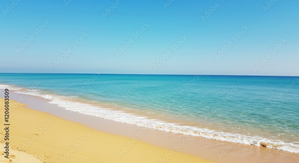 Serene Beach Scene with Golden Sand, Waves, and Clear Blue Sky Serene Beach Scene with Golden Sand, Waves, and Clear Blue Sky