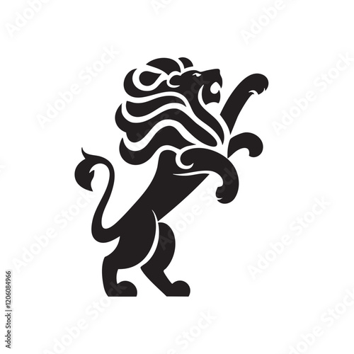 A flat silhouette of a lion stretching upward with its mane stylized like waves, adding a creative and modern flair, black silhouette on a white background....