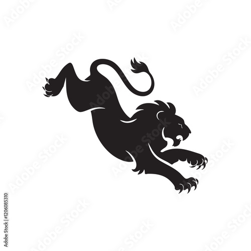 A flat silhouette of a lion in mid-pounce, with its body curved and claws reaching forward, black silhouette on a white background....