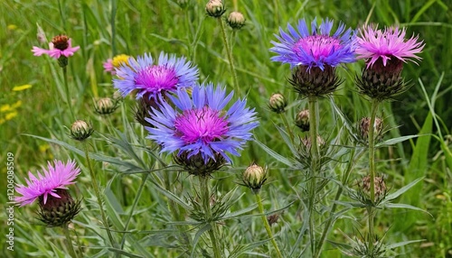  fBrightly colored knapweed and cornflower flowers in bloom Blooming, colorful, cornflower, flower, knapweed, and botanicaluu- photo