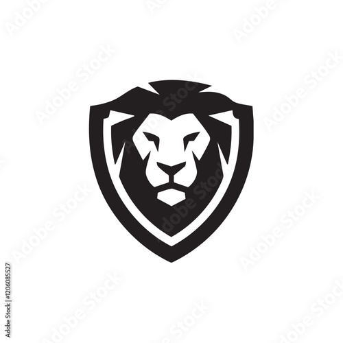 A flat silhouette of a lion’s face emerging from within a shield, combining strength and protection for a logo design, black silhouette on a white background....