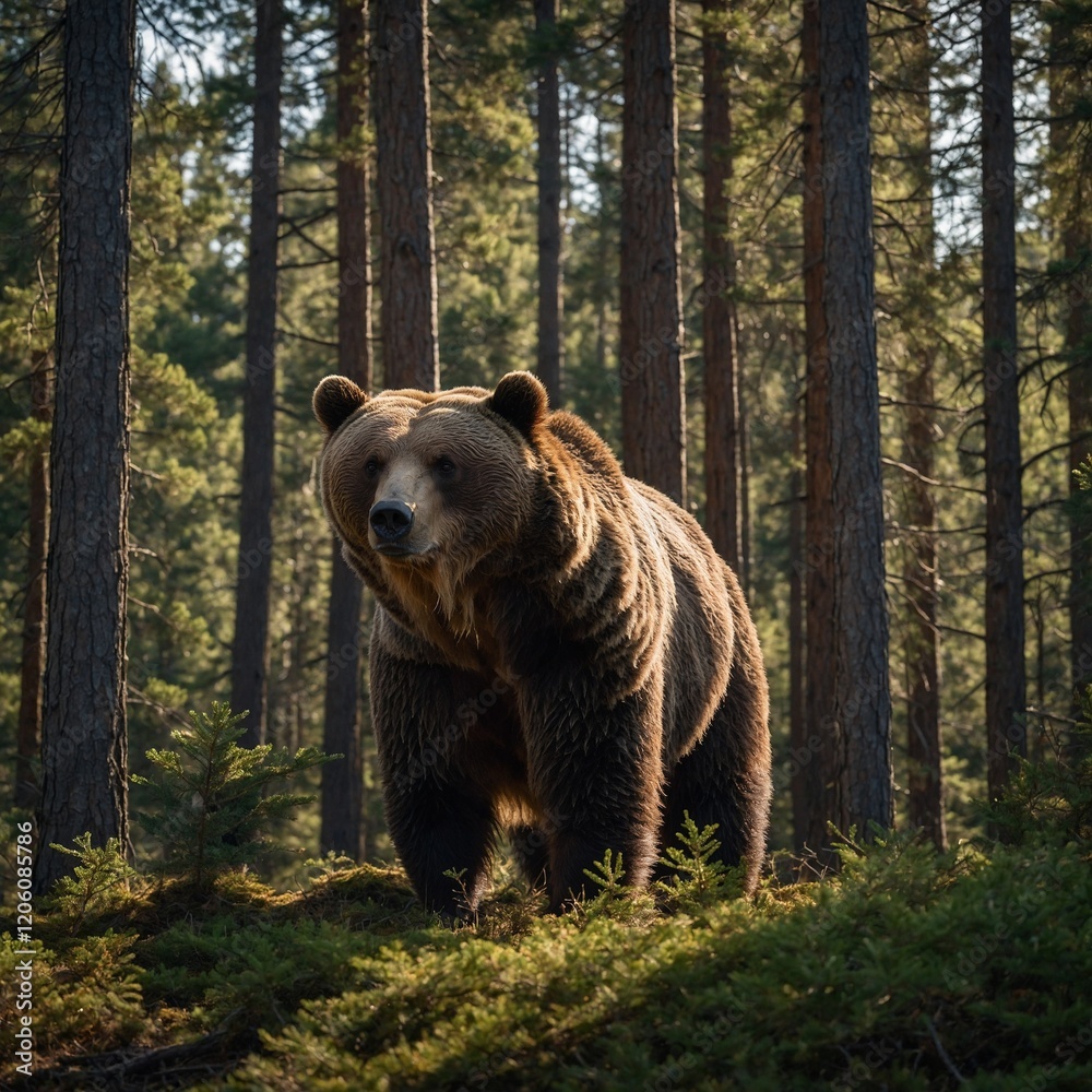 A brown bear is walking in the forest. A majestic grizzly bear standing among pine trees in a forest.A majestic bison grazing in a peaceful forest meadow, surrounded by tall grass and wildflowers.
A brown bear is walking in the forest. A majestic grizzly bear standing among pine trees in a forest.A majestic bison grazing in a peaceful forest meadow, surrounded by tall grass and wildflowers.
