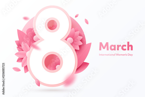Greeting card design for March 8 - International Women's Day. Large number 8 on a background of pink decorative flowers, with space for text. 3D style. Isolated on white. Vector illustration
