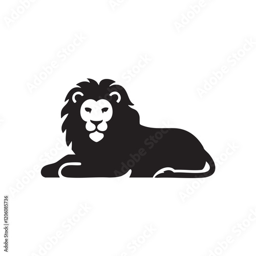A flat silhouette of a lion in a resting position, with its head turned slightly toward the viewer, black silhouette on a white background....