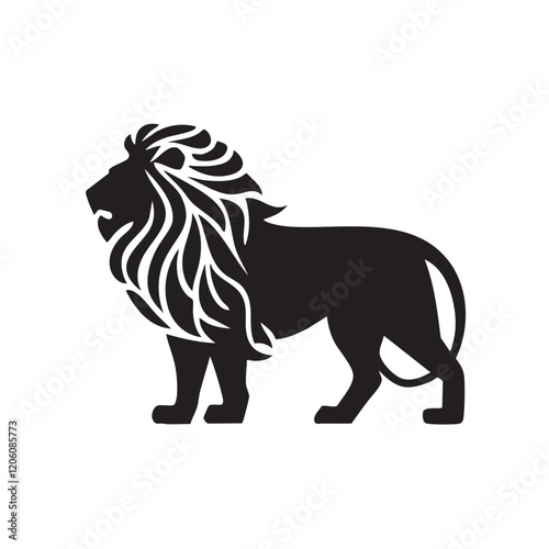 A flat silhouette of a lion standing sideways, with its mane styled in intricate patterns for an artistic logo, black silhouette on a white background....