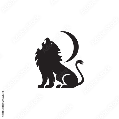 A flat silhouette of a lion howling upward, framed by a crescent moon for a striking logo concept, black silhouette on a white background....