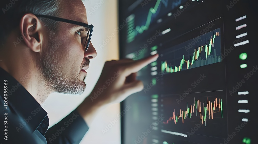 Man with Glasses Analyzing Stock Market Trends on Digital Screen Man with Glasses Analyzing Stock Market Trends on Digital Screen