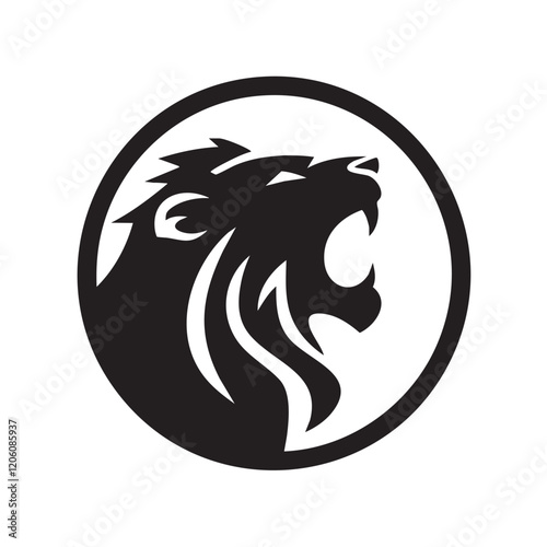 A flat silhouette of a lion roaring, with a circular frame around it for a modern logo feel, black silhouette on a white background....