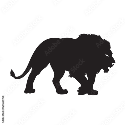 A flat silhouette of a lion in a stalking position, with its body low to the ground and eyes focused forward, black silhouette on a white background....