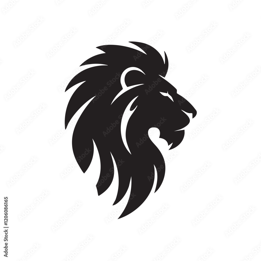 Fototapeta premium A flat silhouette of a lion's head in profile view, with a bold, flowing mane and sharp features, perfect for a logo design, black silhouette on a white background....