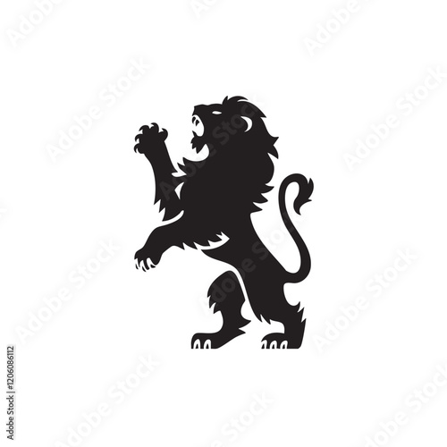 A flat silhouette of a lion standing on its hind legs, as if roaring in dominance, black silhouette on a white background....