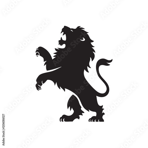A flat silhouette of a lion standing on its hind legs, as if roaring in dominance, black silhouette on a white background....