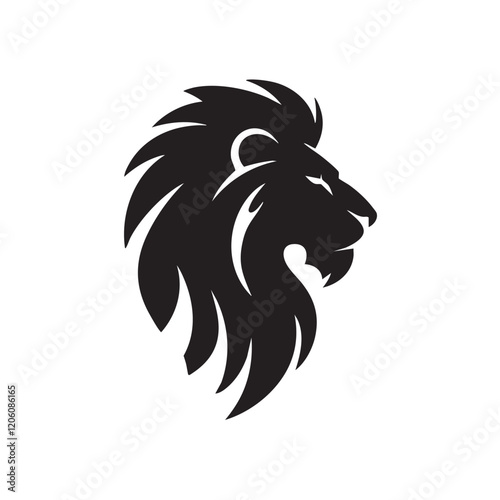 A flat silhouette of a lion's head in profile view, with a bold, flowing mane and sharp features, perfect for a logo design, black silhouette on a white background....