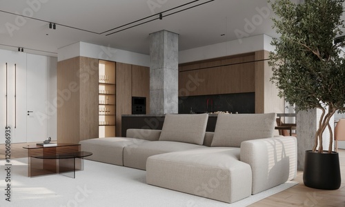Fototapeta Naklejka Na Ścianę i Meble -  Modern, white minimalist living interior with kitchen, sofa, wood floor, wall panels and marble kitchen. 3d render illustration mock up.