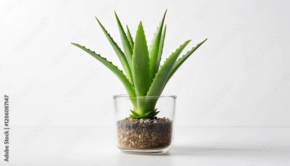 : fSmall aloe vera plant in small glass pot isolated on white background by front view, office decor, indoor gardenuu : fSmall aloe vera plant in small glass pot isolated on white background by front view, office decor, indoor gardenuu