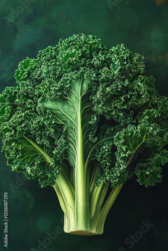 A vibrant green kale head is displayed against a dark green background