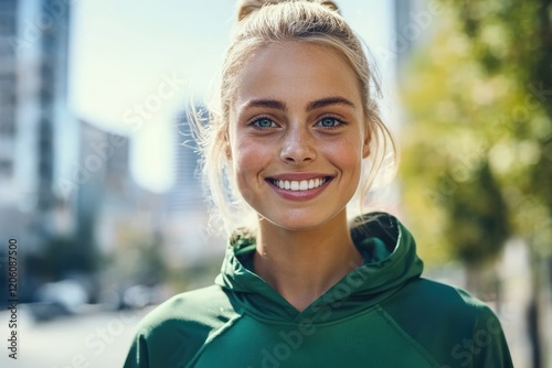 Portrait of smiling young sporty woman in urban environment
