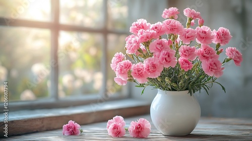 Wallpaper Mural Beautiful bouquet of pink carnations a white vase placed on a rustic table natural morning light Torontodigital.ca