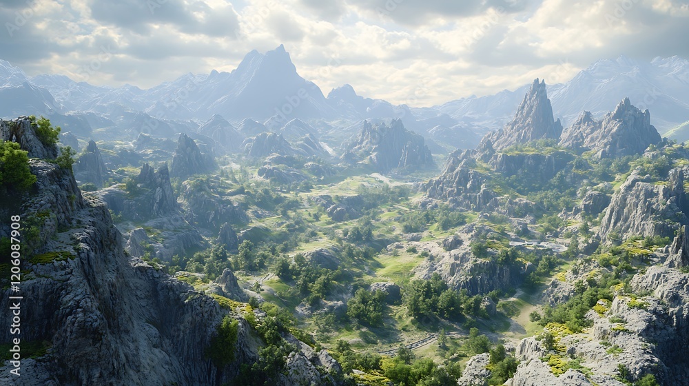 Serene mountainous landscape with lush greenery and dramatic peaks. Serene mountainous landscape with lush greenery and dramatic peaks.