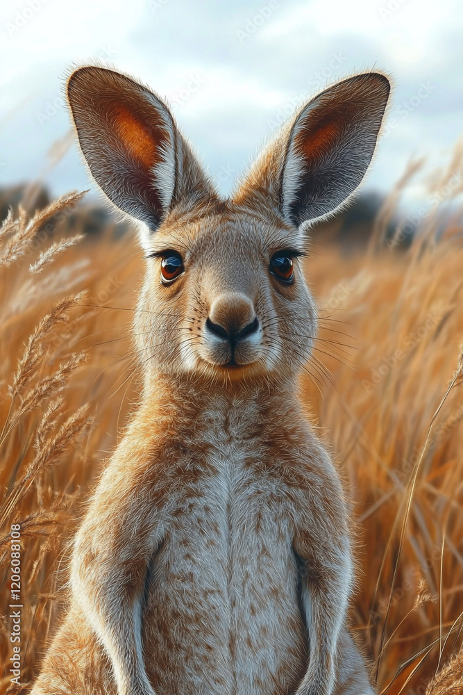 Fototapeta premium Red Kangaroo Standing In Golden Grassland