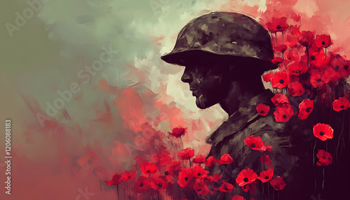 Soldier with poppies on Remembrance Day, digital art tribute AI Generated