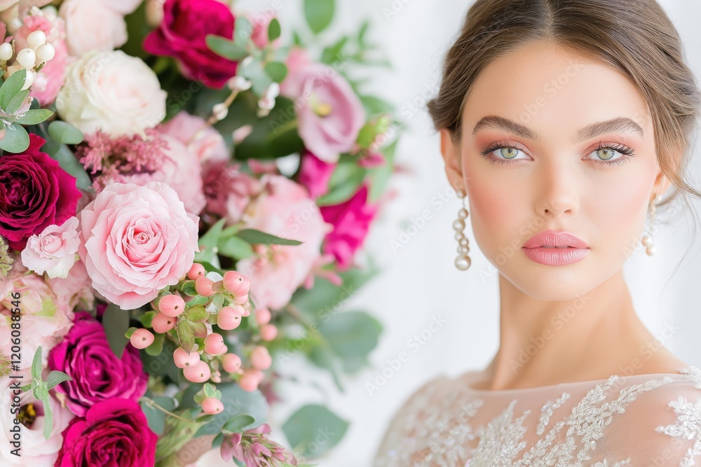 Naklejka premium Romantic wedding mood board showcasing a bride in light pink gown with floral accents and vibrant pink and burgundy bouquets under soft lighting