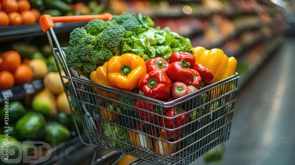 A shopping cart filled with fresh vegetables in a grocery store. A shopping cart filled with fresh vegetables in a grocery store.