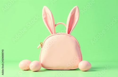 Creative look of a women's bag with rabbit ears and eggs, on a pastel green background. Easter aesthetic spring concept. Minimal holiday idea.  photo