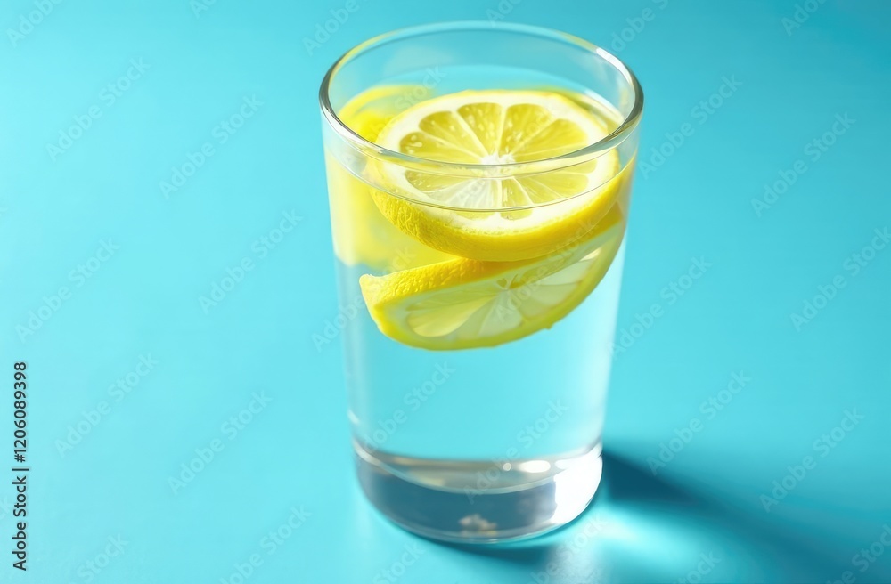 Lemon in a glass of water with shade. Place for text. Blue background. Lemon in a glass of water with shade. Place for text. Blue background.